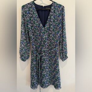 Banana Republic Navy Floral Fit & Flare Dress Tie Waist V-Neck Sheer Sleeves